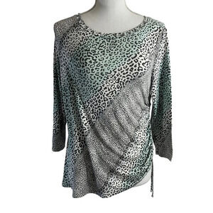 Ruby Rd Blouse Petites Medium Rhinestone Bling Neckline Ruched Side Leopard Top
